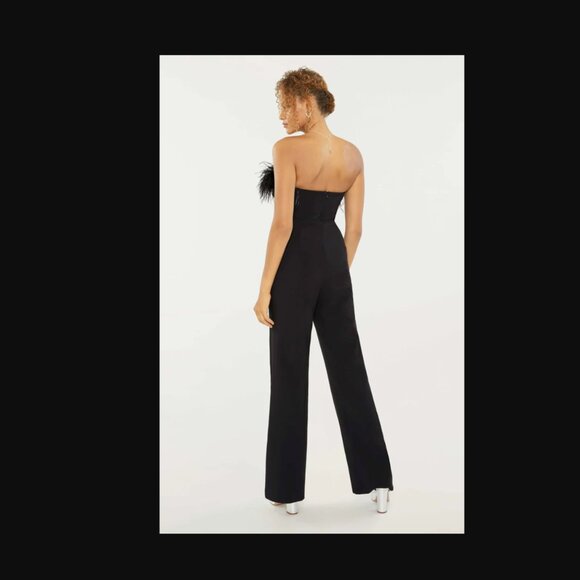 LIKELY DESI JUMPSUIT Black Ostrich Feather Trim NWT - Picture 2 of 12